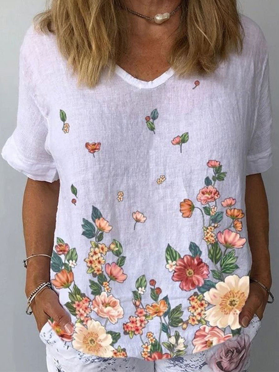 💐🌈T-shirt z krótkim rękawem i bawełnianą lnianą nadrukiem w kwiaty