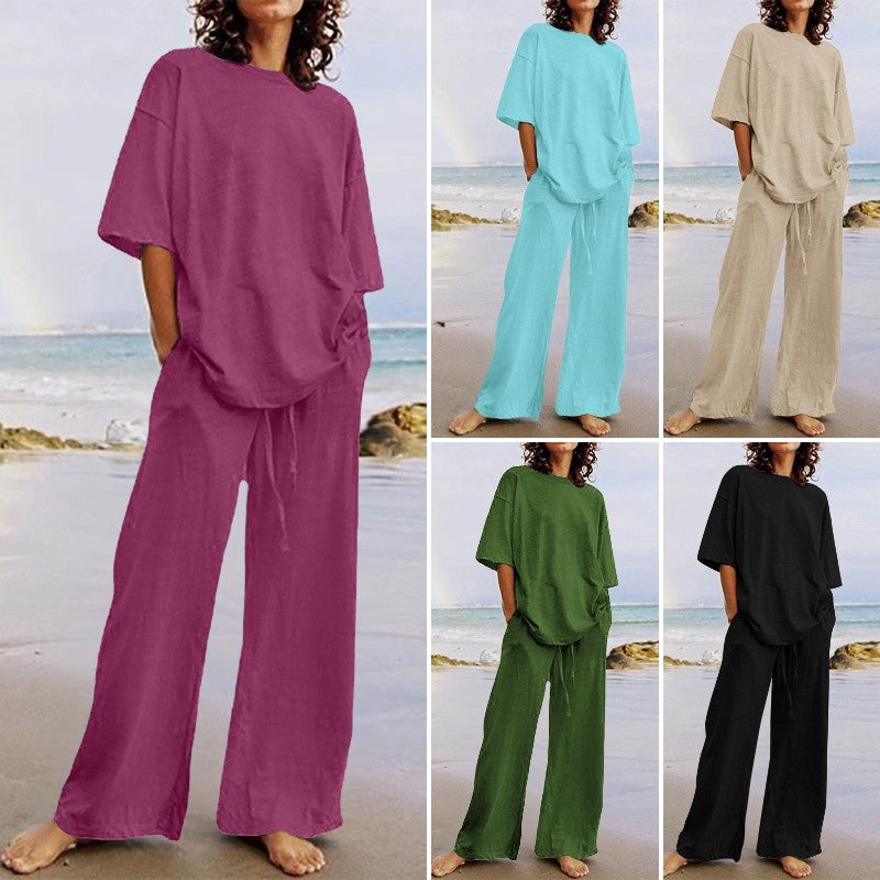 🎁🆒【S-5XL】Damski dwuczęściowy kostium z czystej bawełny (top + spodnie)