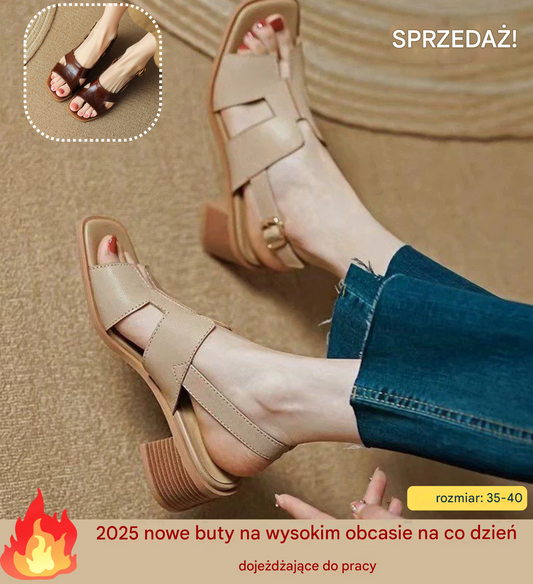 💥【35-40】👠2025 Nowe sandały z kwadratową główką i odkrytymi palcami Damskie letnie Nowe swobodne dojazdy do pracy Grube wysokie obcasy