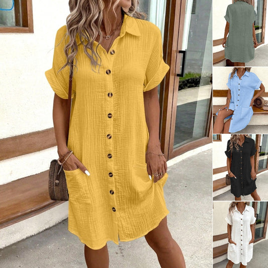 💕🎁【S-2XL]】 Rochie tip cămașă cu mânecă scurtă din bumbac și in, ușoară și respirabilă, la reducere de vară 2025 