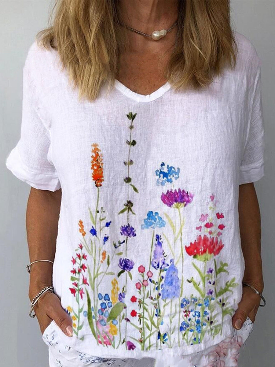 💐🌈T-shirt z krótkim rękawem i bawełnianą lnianą nadrukiem w kwiaty