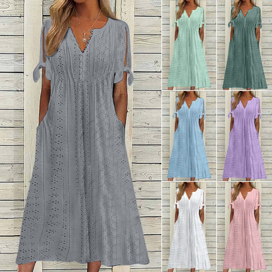 👗👗【Ograničena ponuda】✨✨【S-5XL】 Rochie nouă la modă, casual, lejeră, cu talie înaltă, brodată, în culoare uni, simplă și elegantă, culoare unică 